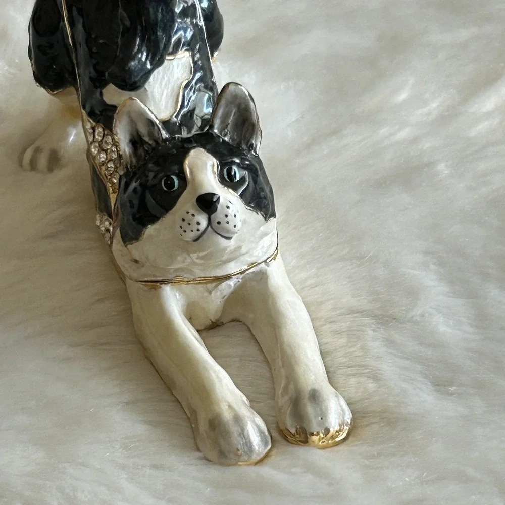 Kingspoint Jeweled Enamel Cat Trinket Box Hinged Rhinestone Figurine Collectible